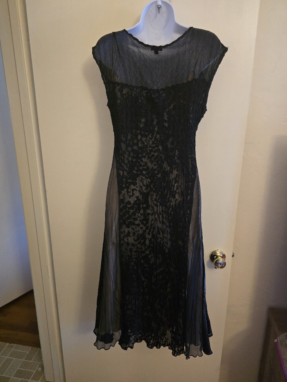 Komarov Black Stretch Lace Midi Dress Champagne Slip M Elegant Cocktail Party - Picture 6 of 10